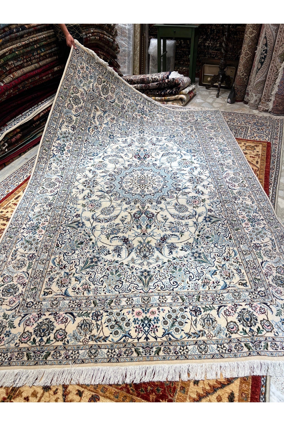 RD RAMAZAN DAG Hand Rug Art Hand-Woven Iranian Nain Rug Premium Quality Wool Blend Size 290x200 - MALLTURK
