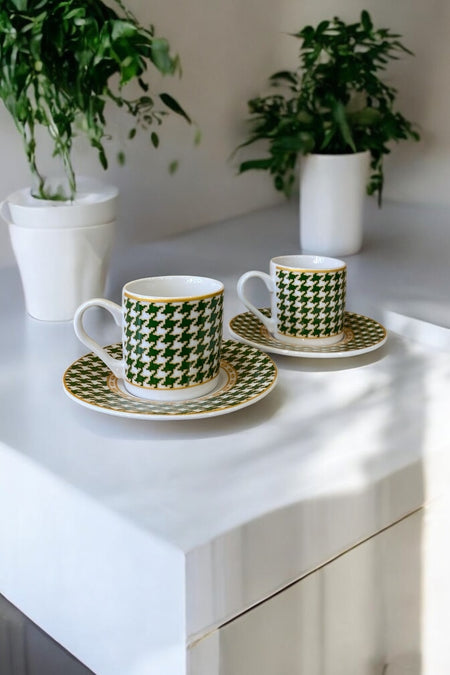 Eporselen Houndstooth Pattern 4-Piece Porcelain Coffee Cup Set for 2 People, Green - MALLTURK