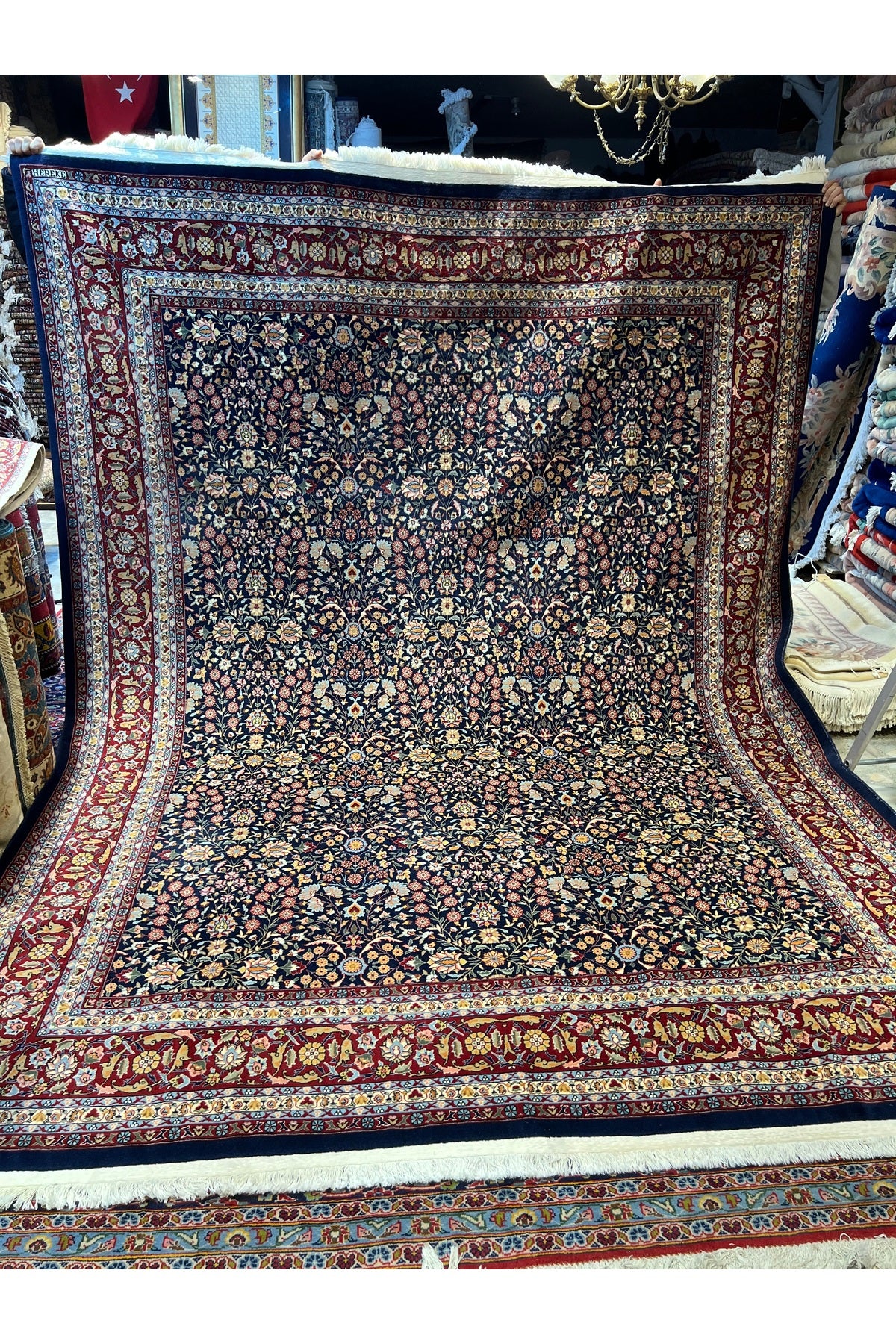RD RAMAZAN DAG Hand Rug Art Hand-Woven Sumerbank Hereke Rug Signed Seven Mountains Flower Premium Quality Size 330x251 - MALLTURK