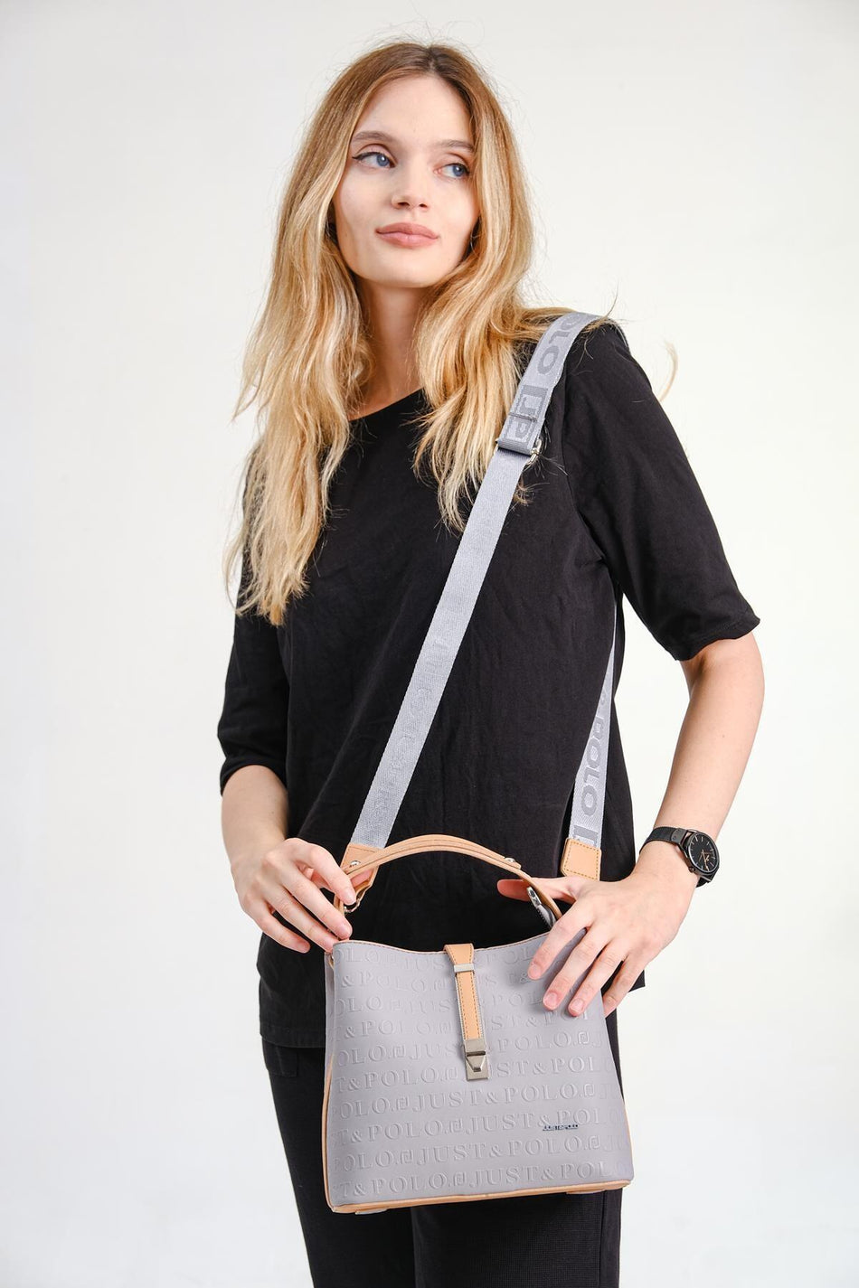 Just Polo Women's Embossed Print Vegan Shoulder and Handbag with Lock Detail JPM4002 Grey - MALLTURK