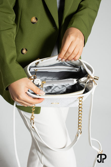 Just Polo Original Women's 3-Compartment Luxury Soft Leather Adjustable Crossbody Bag with Chain Detail Shoulder Bag White Bag - MALLTURK