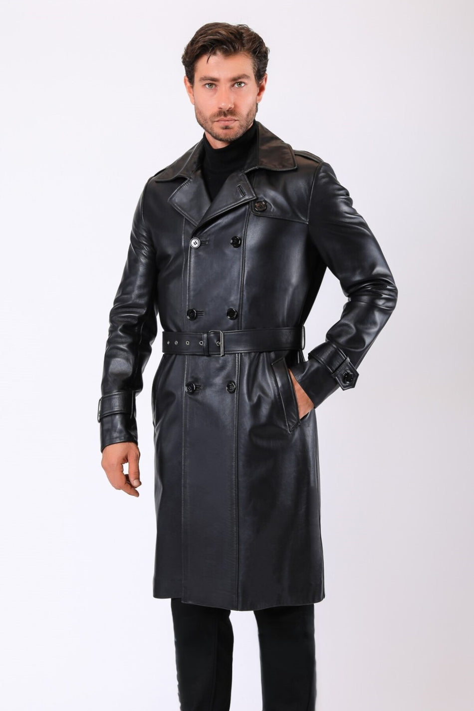 Zwarte trenchcoat van echt leer van Leather Club