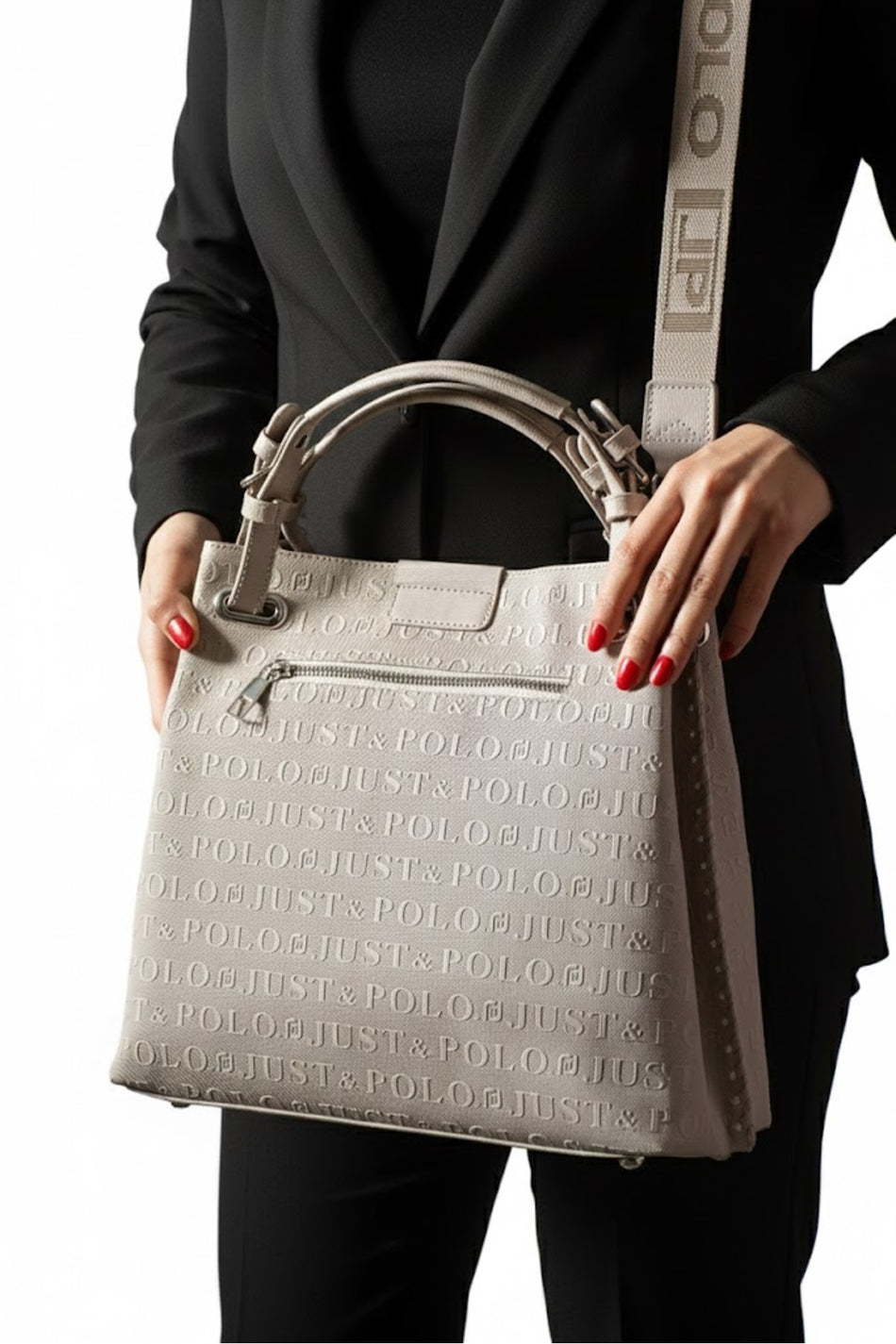 Just Polo Black Women's Embossed Pattern Magnetic Snap Closure Handbag with Shoulder Strap JP4031 Stone