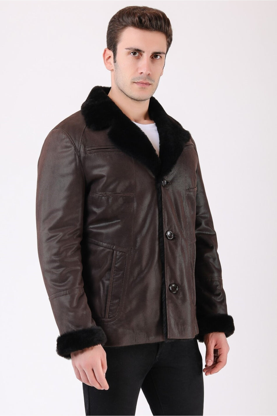 Leather Club Cappotto in vera pelle marrone con fodera in pelliccia