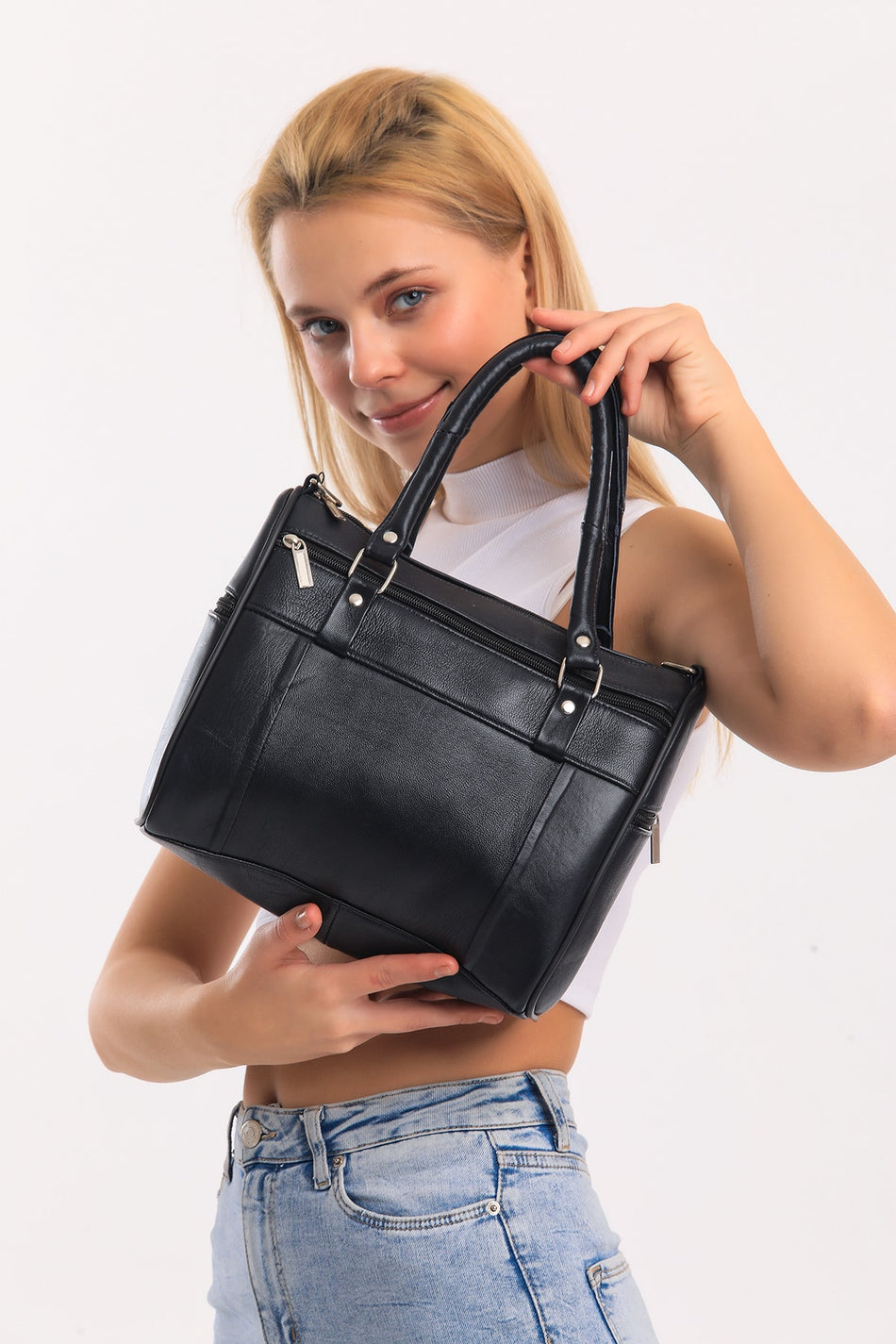 Fubileather Genuine Leather Soft Textured Hand and Shoulder Bag - Navy Blue