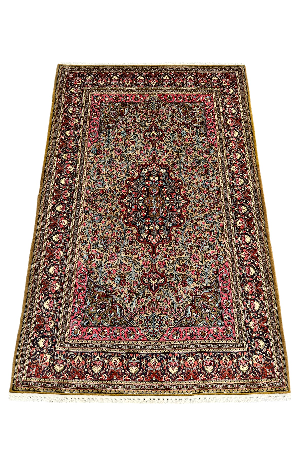 BURAK Rug Hand-Woven New Iranian Kum Rug 133x210 Cream Pink %100 Wool Natural Dye Rug