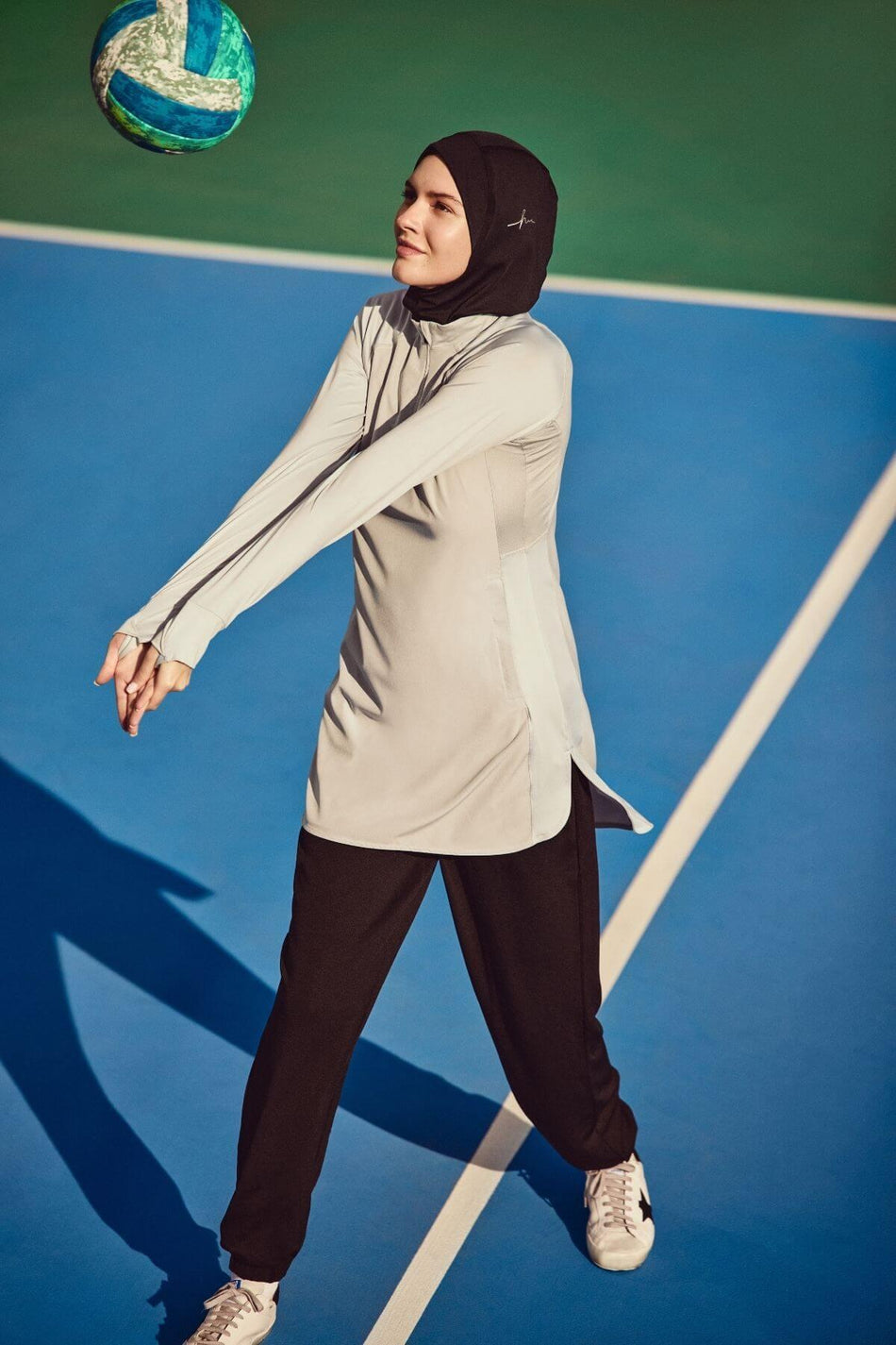 Hasema Active H-per Pocketed Long Sleeve Zip-Up Collar Grey Hijab Training T-Shirt Act-7