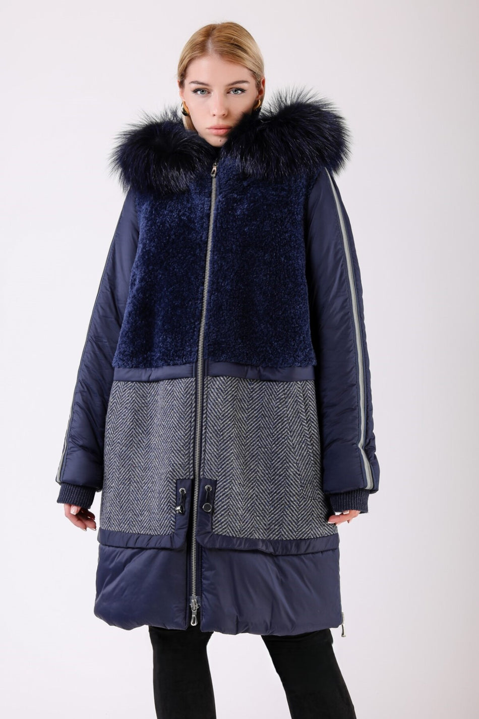 Leather Club Navy Blue Fox Alpaca Puffer Coat with Fur Accessories