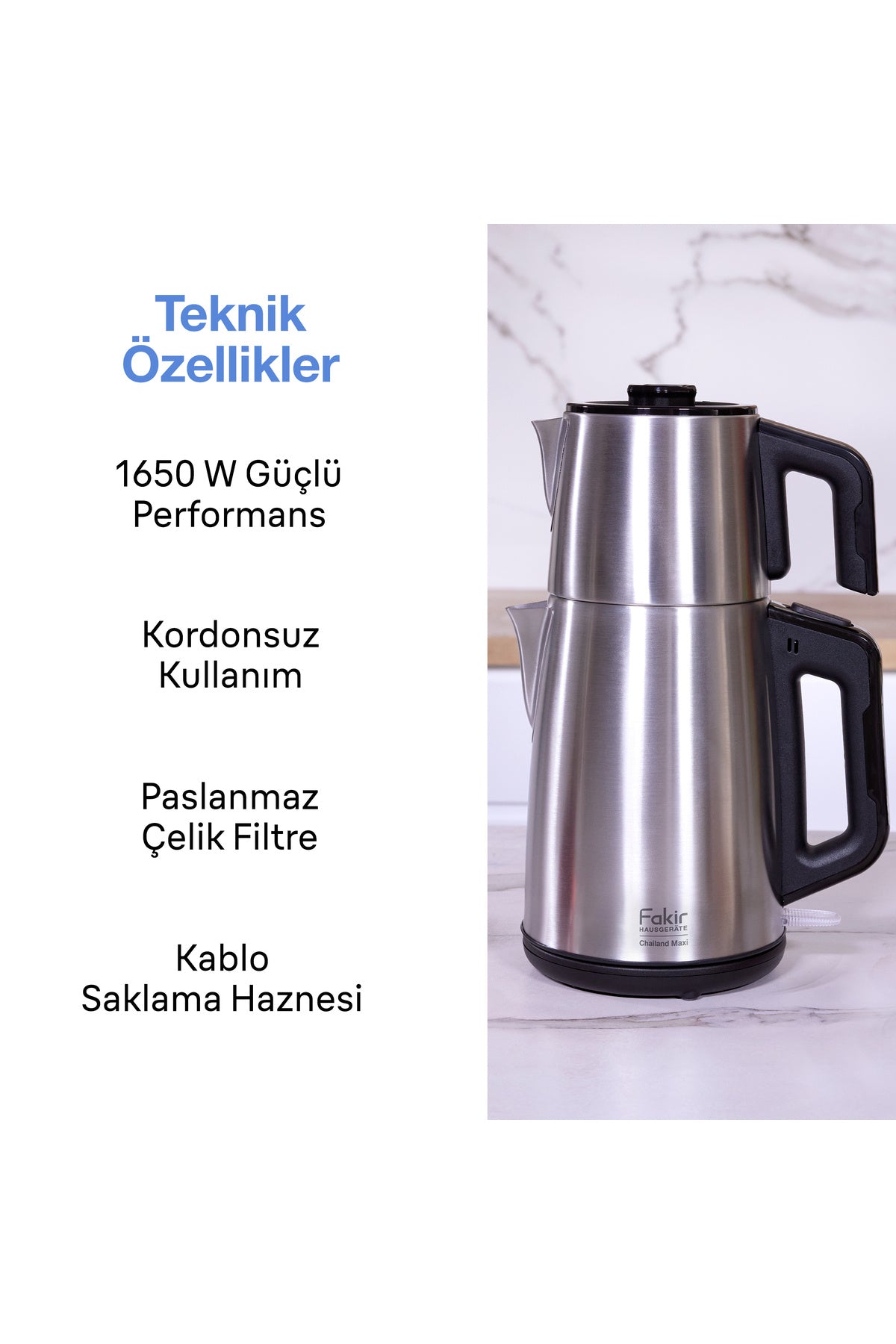 Fakir Chailand Maxi XXL Tea Maker, Stainless Steel, 1650W, 2L Water Capacity, 1.45L Teapot, Automatic Shut-off. - MALLTURK