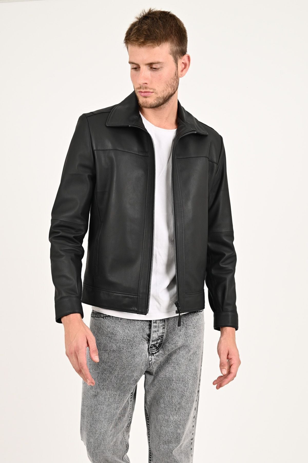 ALIN Leo Men's Genuine Leather Casual Jacket Black - MALLTURK