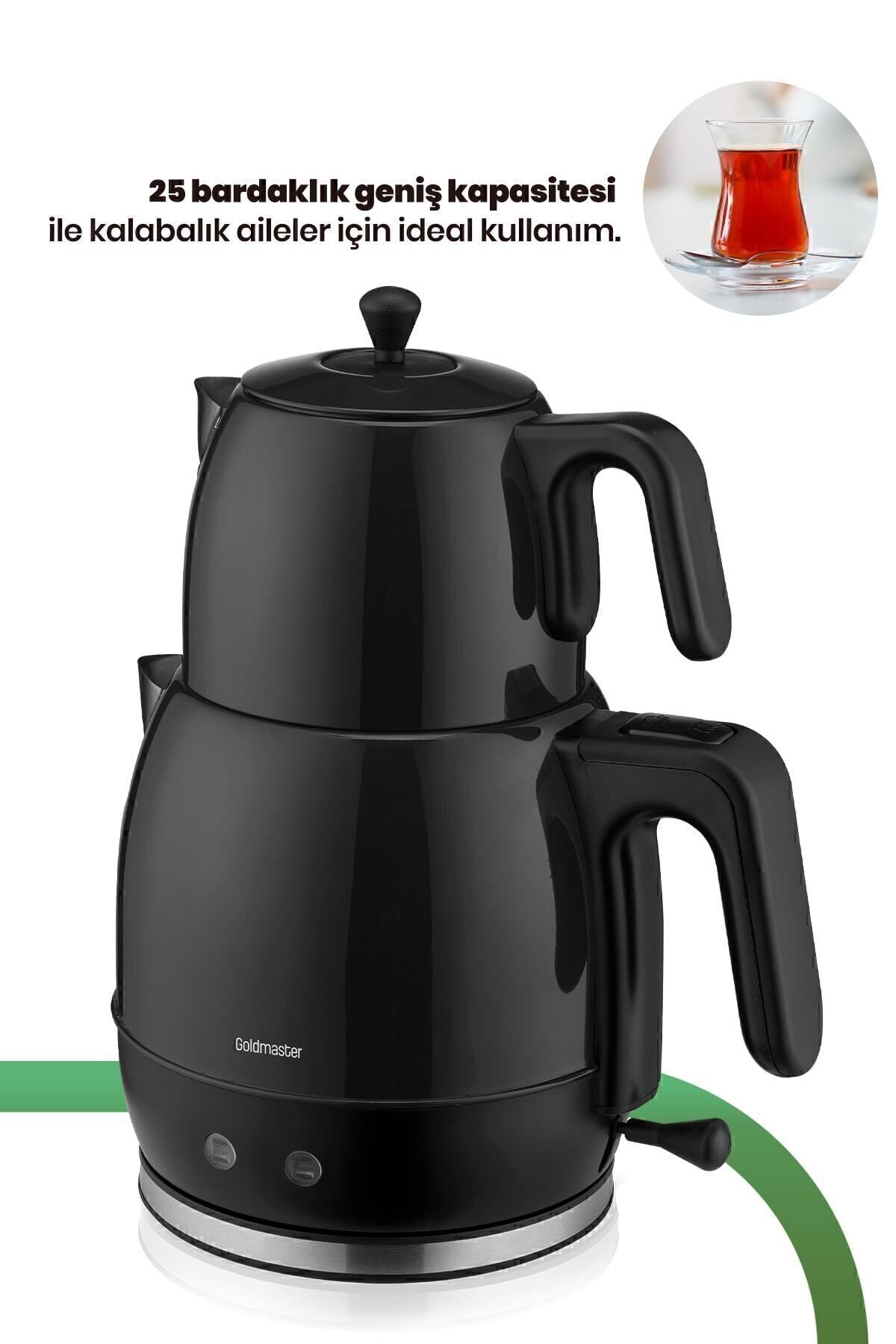 GoldMaster Fulya Black 30-Cup Large Capacity 2200 Watt Stainless Steel Tea Maker and Water Kettle - MALLTURK
