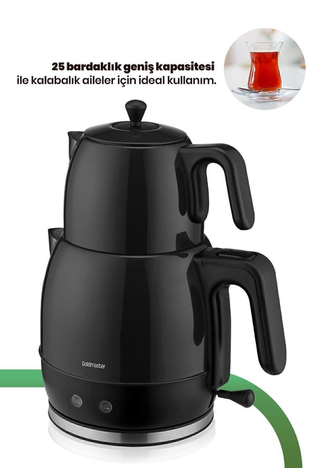 GoldMaster Fulya Black 30-Cup Large Capacity 2200 Watt Stainless Steel Tea Maker and Water Kettle - MALLTURK