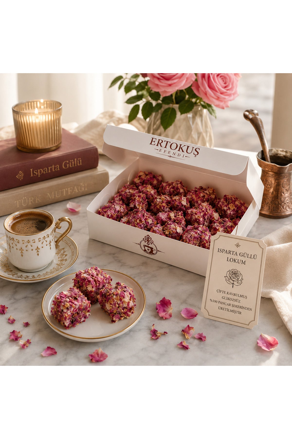 Ertokus Efendi isparta Dried Rose Petal Turkish Delight 250gr Double Roasted 100 Beet Sugar - MALLTURK