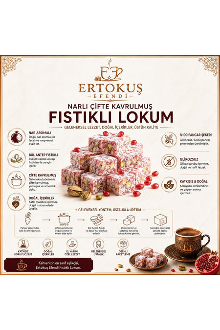 Ertokus Efendi Pomegranate Flavored Extra Pistachio Turkish Delight 250 g Double Roasted 100 Beet Sugar - MALLTURK