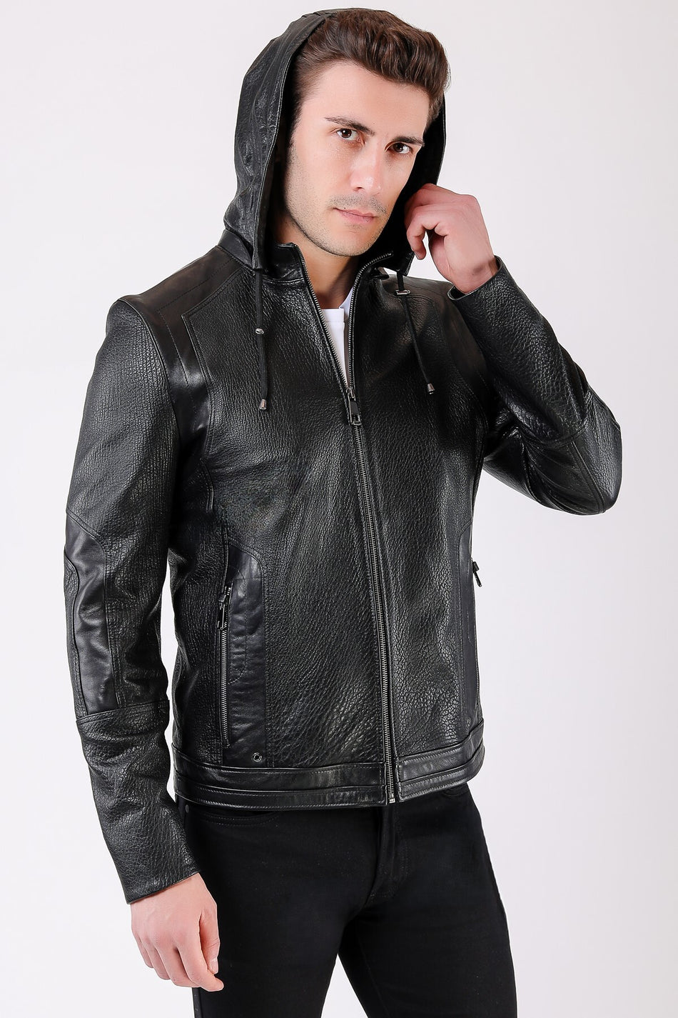 Giacca oversize nera con cappuccio in vera pelle Leather Club