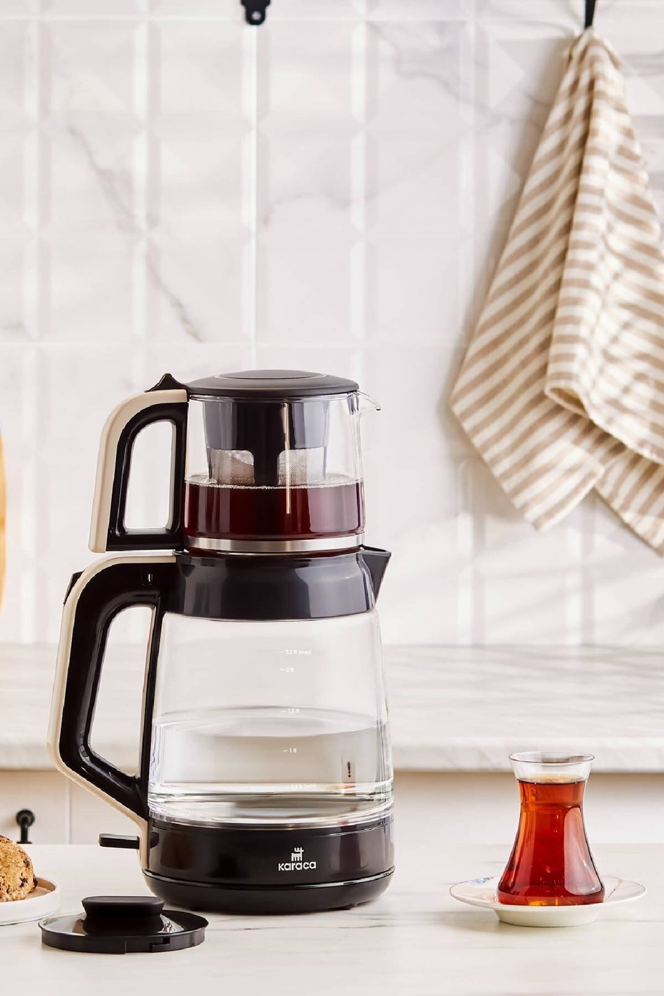 Karaca Glass Tea XL 2-in-1 Glass Water Kettle & Tea Maker Cream - MALLTURK