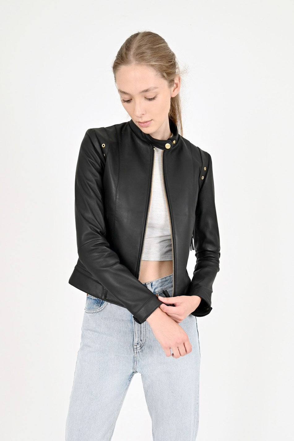 ALIN Rio Women's Genuine Leather Short Fit Leather Jacket Black
