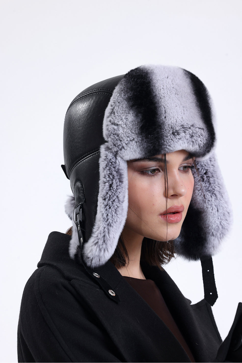 Fubileather Genuine Leather Coffee Rabbit (Rex) Fur Women's Pilot Leather Hat Black