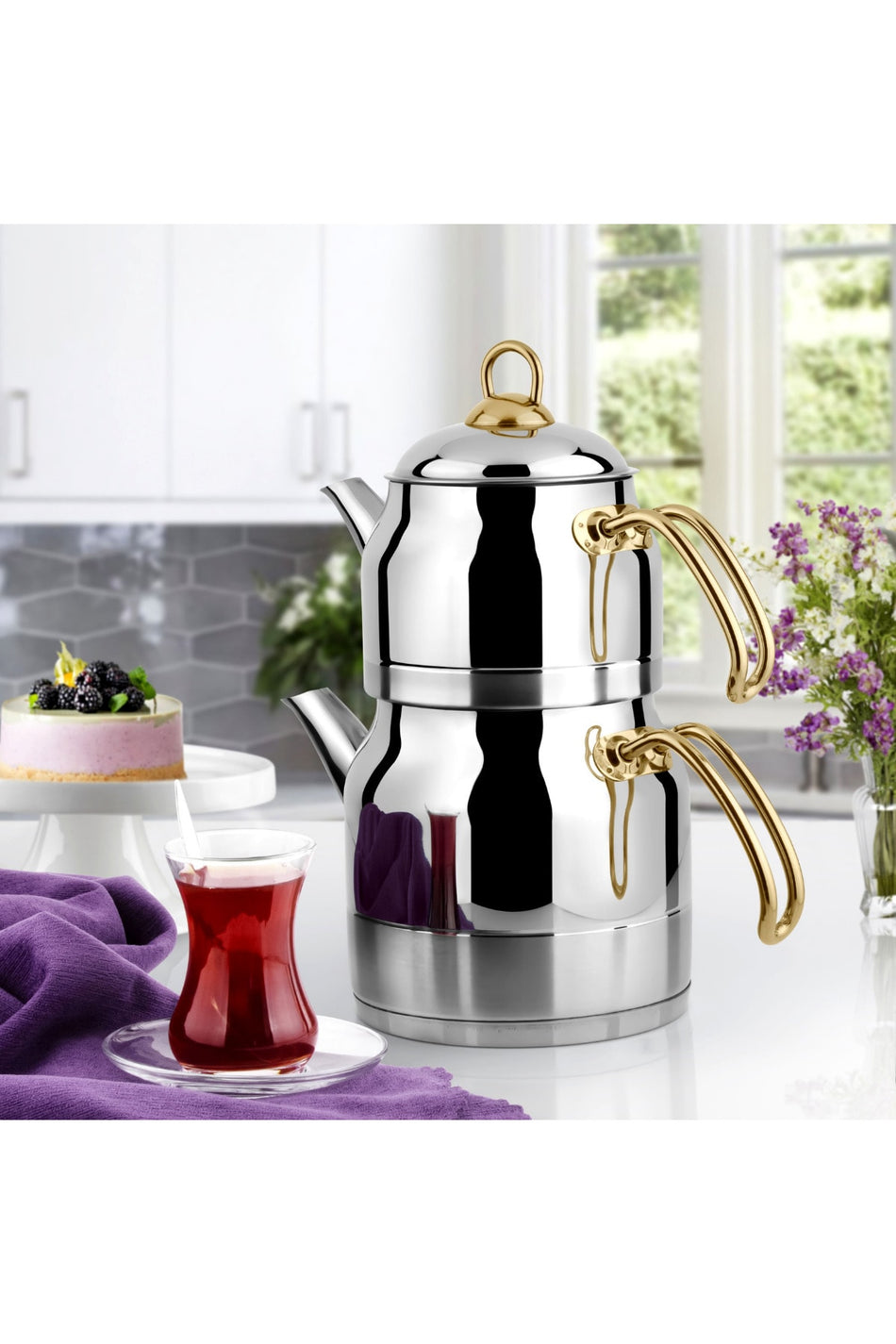 Lines Ayperi Steel Teapot with Gold Handle, Family Size, 1.50 Lt Teapot and 3 Lt Water Jug - MALLTURK