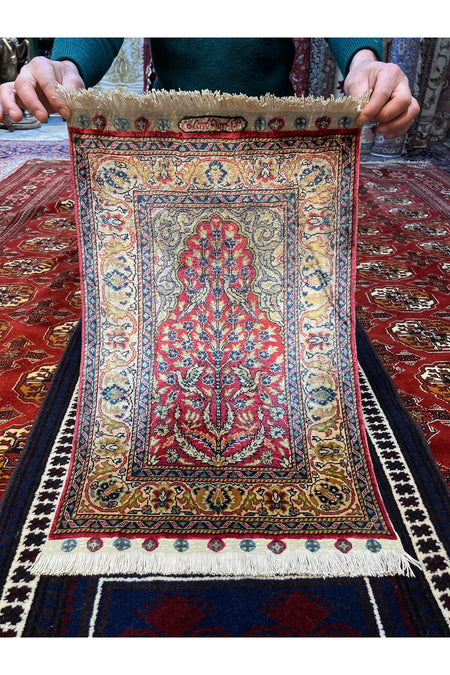 RD RAMAZAN DAG Hand Rug Art Hand-Woven Kayseri Pure Silk Rug Tree of Life Signed Size 70x44 - MALLTURK