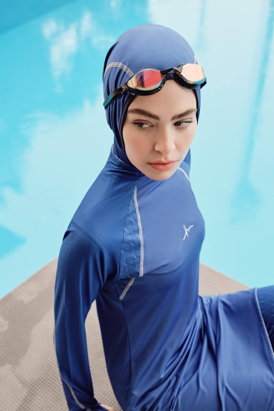 Hasema Performance Series 5-Piece Hidden Zipper Shoulder Detail Navy Blue Lycra Modest Swimsuit Set - MALLTURK