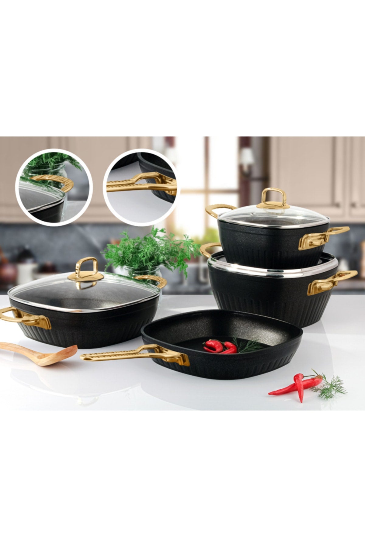 Lines Defne 7 Piece Altin Kulplu Induction Taban Kare Granite Cookware Set - MALLTURK