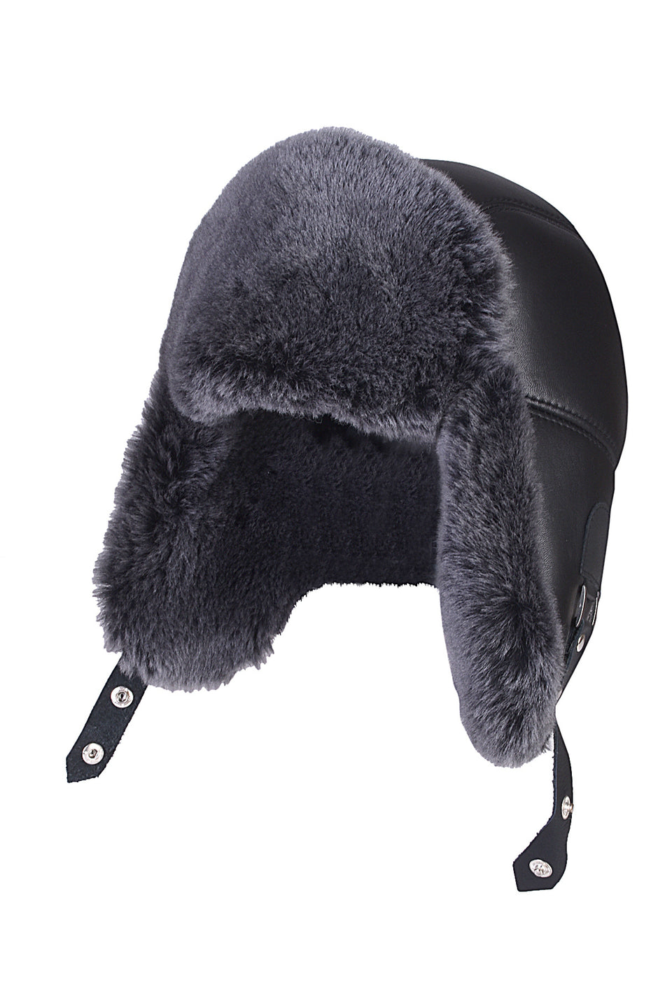 Fubileather Genuine Leather Unisex Grey Fur-Lined Buckled Pilot Leather Hat