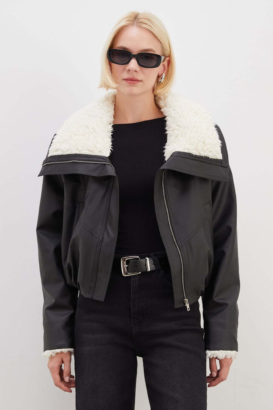 Faux Leather Bomber Coat with Fur Sleeves and Collar