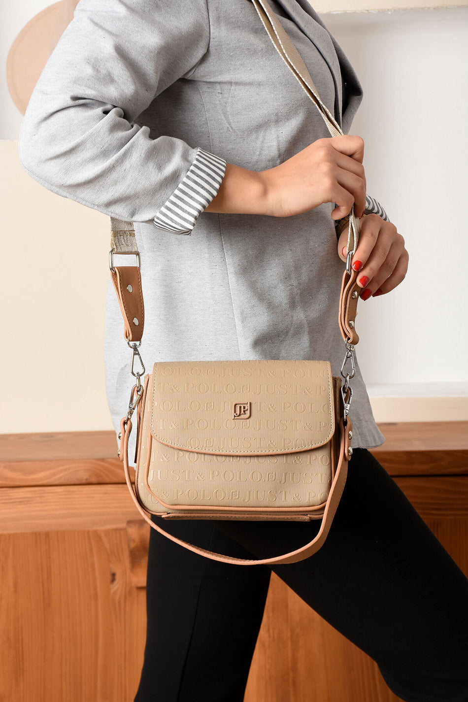 Just Polo Women's Flap Shoulder Bag JPM4041 Sand - MALLTURK