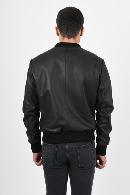 ALIN College Men's Genuine Leather Varsity Jacket Black - MALLTURK