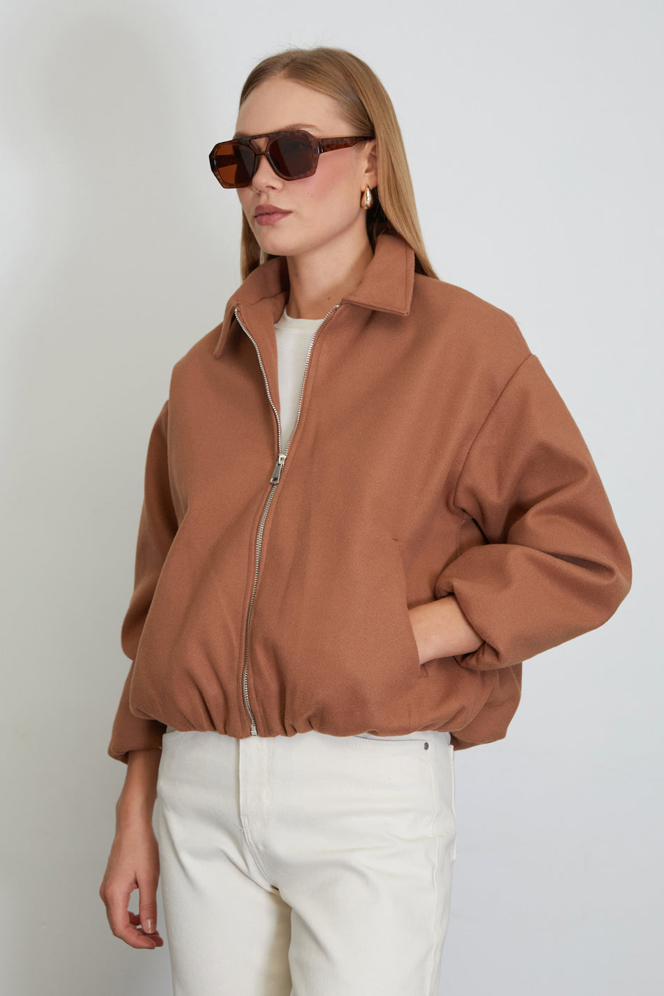 Polo Neck Cashmere Bomber Jacket with Zipper Pockets