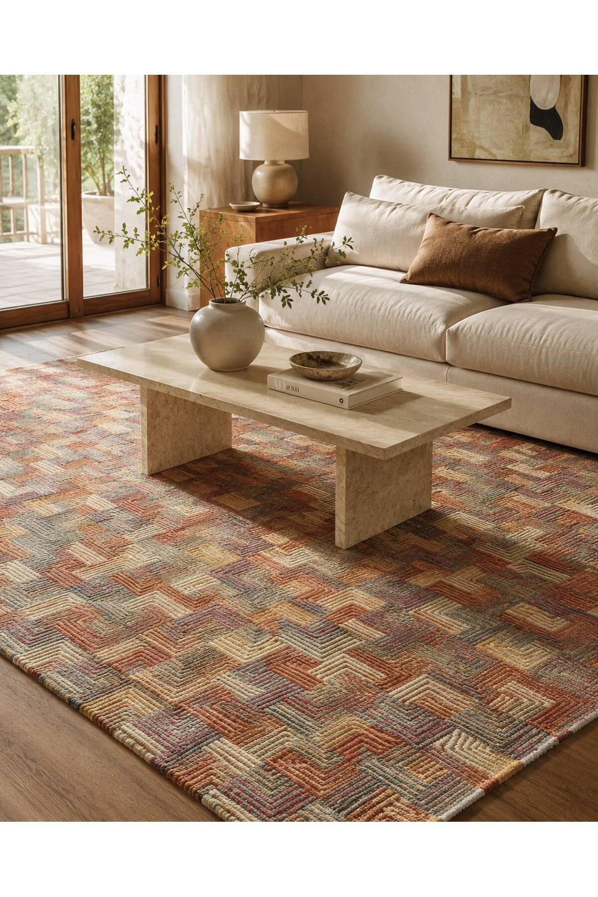 Vog Rug Modern Geometric Hand-Woven Cok Multicolor Kiremit Beige Kare Pattern Cizgisel Textured Living Room Rug
