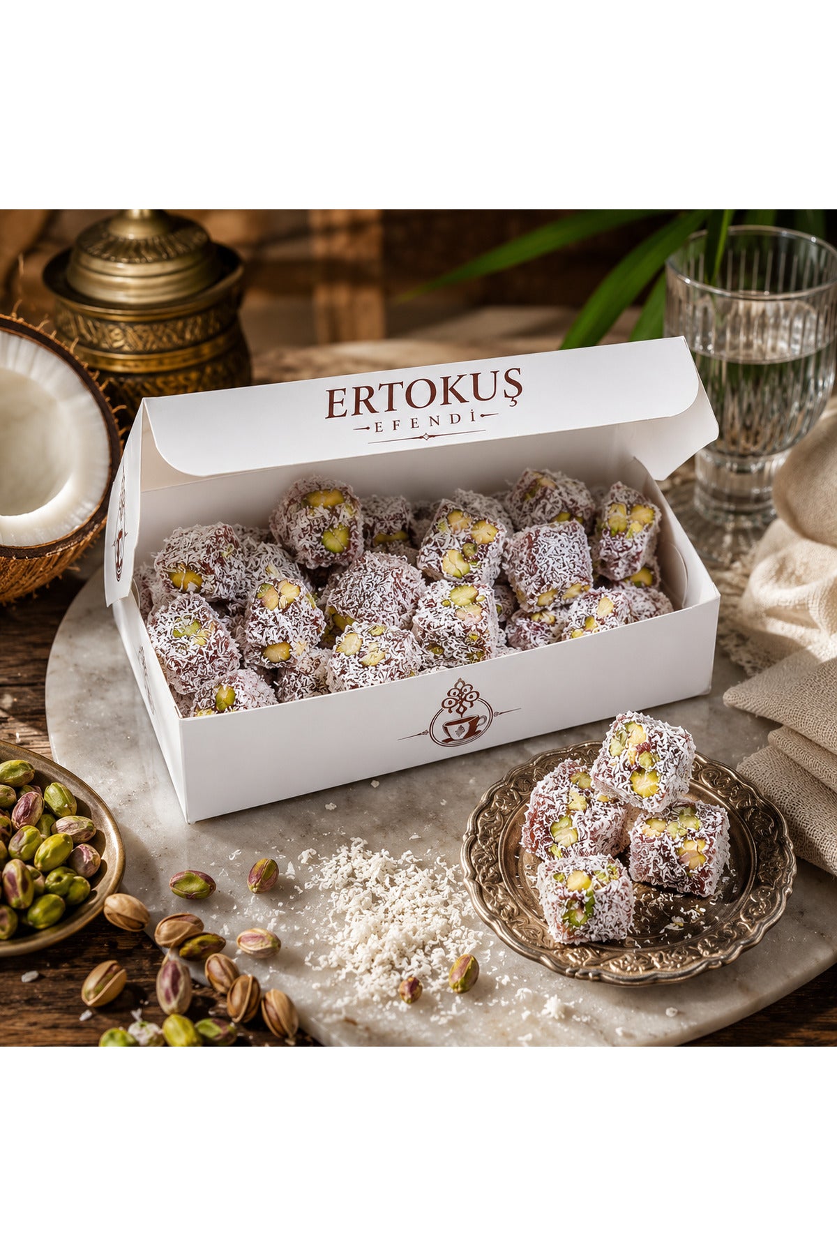 Ertokus Efendi isparta dogal Rose Flavored Extra Pistachio Turkish Delight 250 g Double Roasted 100 seker pancari - MALLTURK
