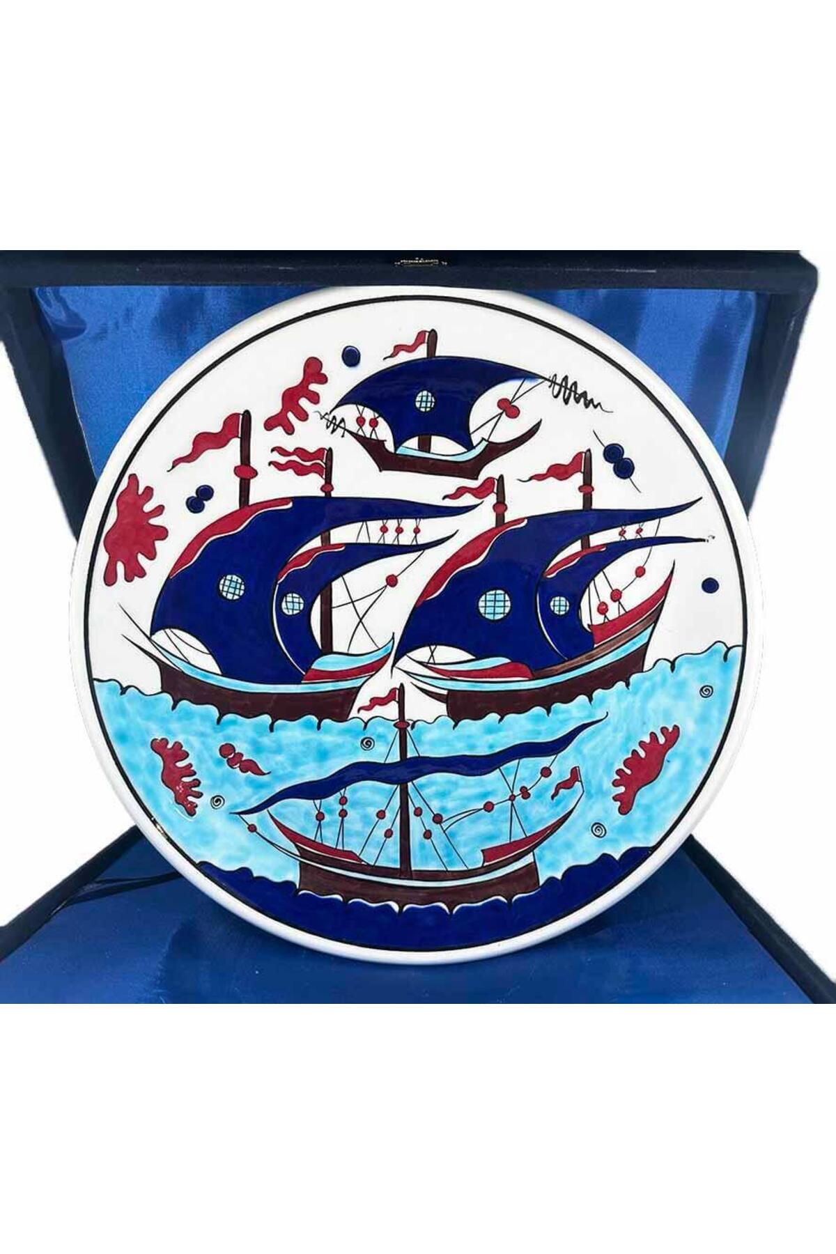 Cini Evi Gemili Iznik Tile Plate 30 cm Handmade Osmanli Yelkenli Motif - MALLTURK