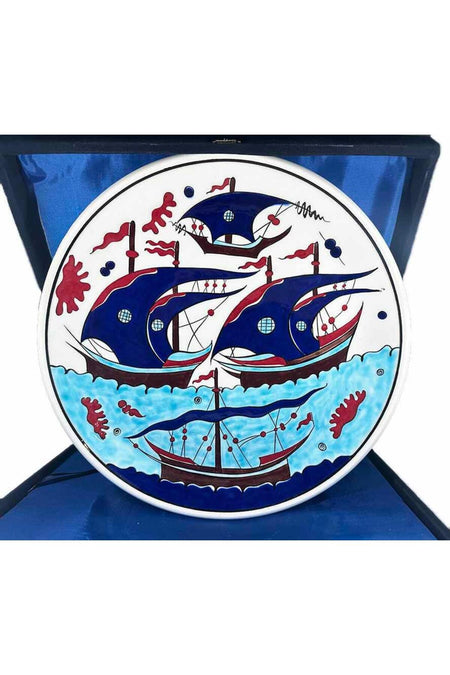 Cini Evi Gemili Iznik Tile Plate 30 cm Handmade Osmanli Yelkenli Motif - MALLTURK