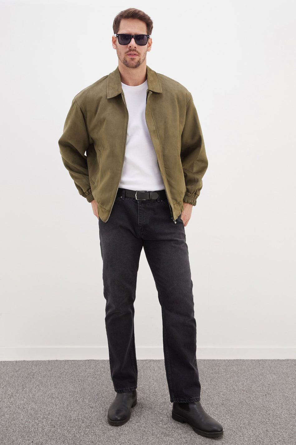 Zippered Polo Neck Suede Bomber Jacket
