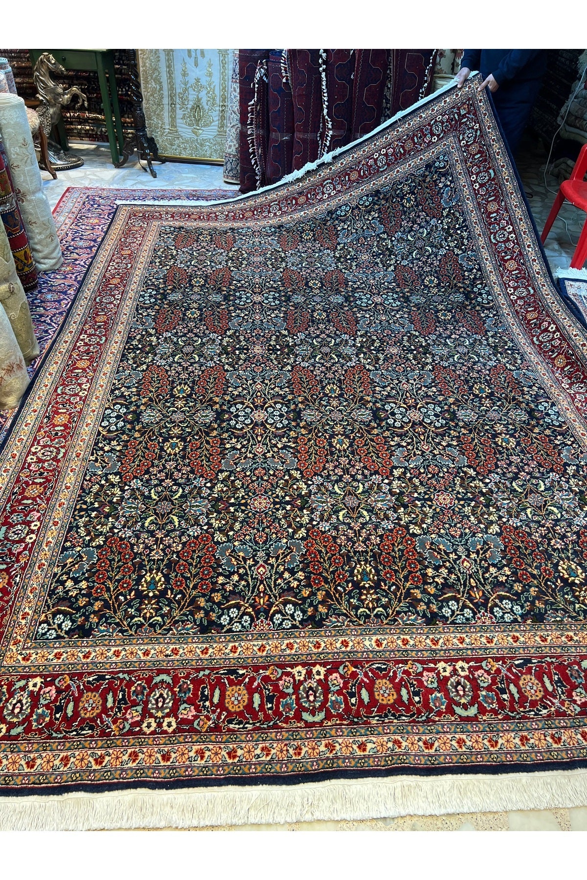 RD RAMAZAN DAG Hand Rug Art Hand-Woven Hereke Rug Seven Mountains Flower Premium Quality Navy Color Size 365x253 - MALLTURK