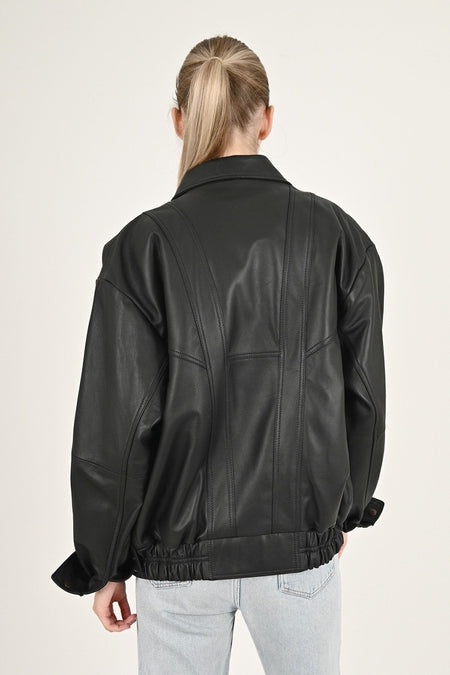 ALIN Beirut Women's Genuine Leather Oversize Jacket Black - MALLTURK