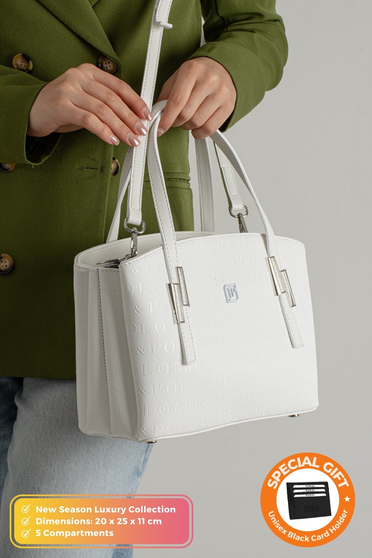 Just Polo Original Women's New Season 5-Compartment Luxury Soft Leather Adjustable Crossbody Stylish Shoulder Bag White - MALLTURK