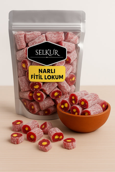 SELKUR Pomegranate Flavored fitil Turkish Delight 500gr Pistachio fistigi parcacikli - MALLTURK