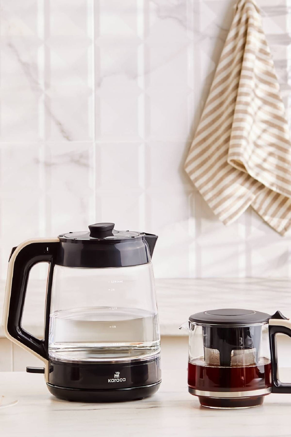 Karaca Glass Tea XL 2-in-1 Glass Water Kettle & Tea Maker Cream - MALLTURK