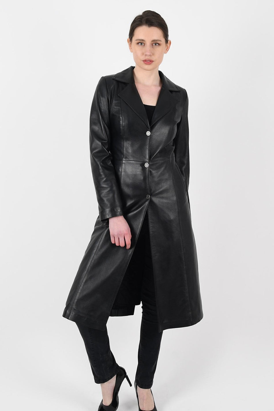 ALIN Tyrell Women's Genuine Leather Trench Coat Black