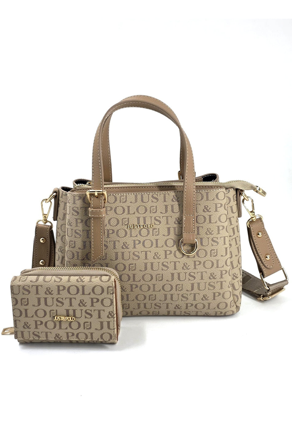 Just Polo Original Women's 3-Compartment Handbag and Shoulder Bag and Wallet Set Stone