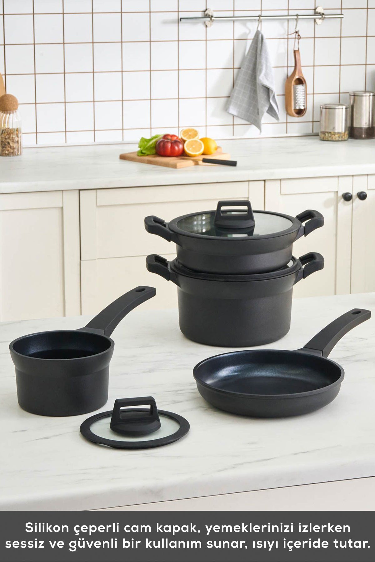 Karaca Biodiamond Riga Cast Induction Compatible Silikon Tutacak Hediyeli 7 Piece Cookware Set