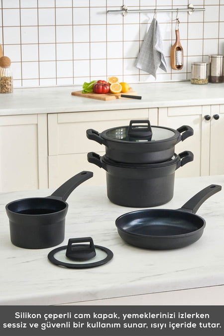 Karaca Biodiamond Riga Cast Induction Compatible Silikon Tutacak Hediyeli 7 Piece Cookware Set