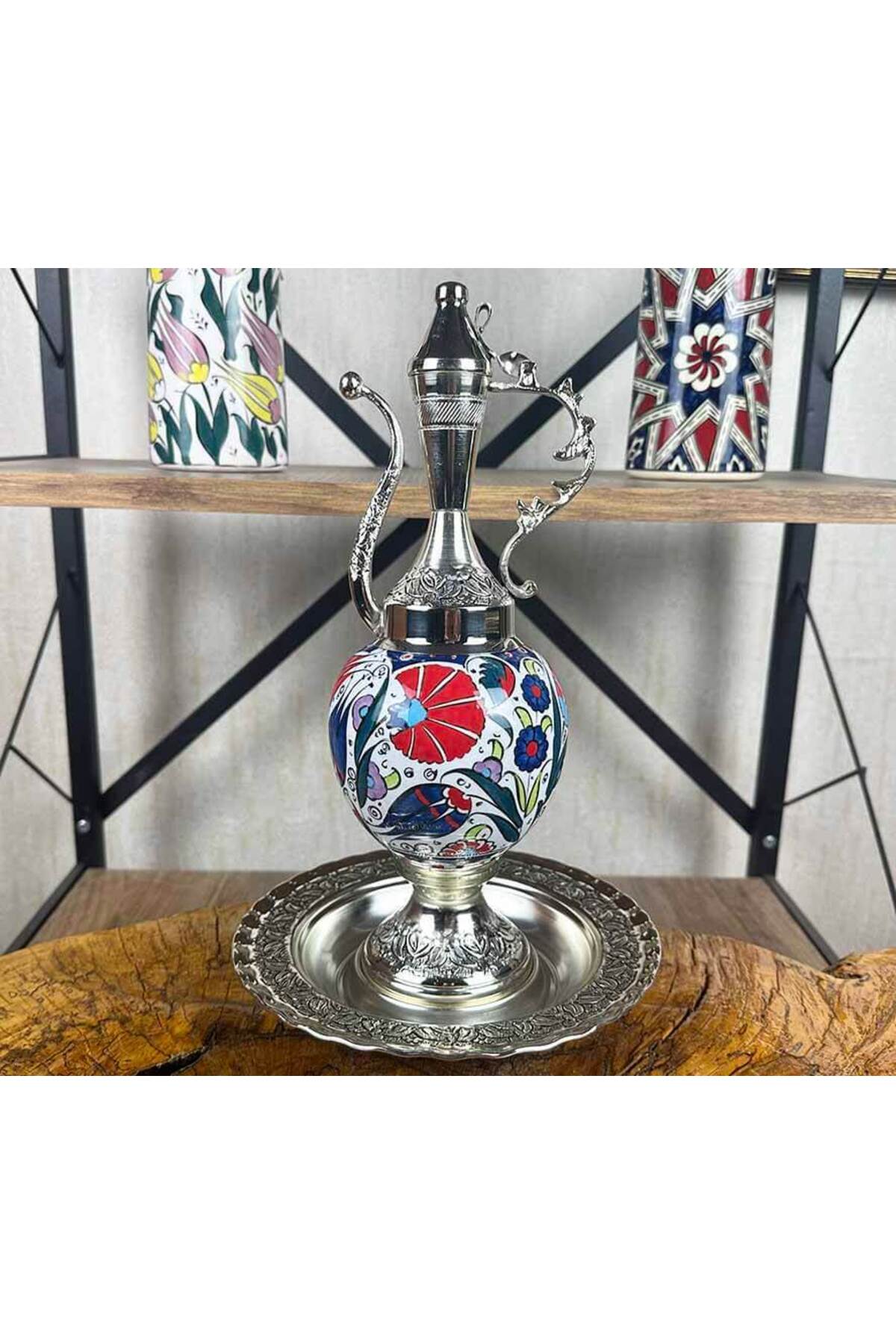 Cini Evi Red Carnation and Blue Tulip Patterned Silver-Plated Iznik Tile Ewer Set - MALLTURK