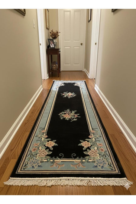 RD RAMAZAN DAG Hand Rug Art Hand-Woven Embossed Silk Chinese Rug Black Color Size 310x80 - MALLTURK