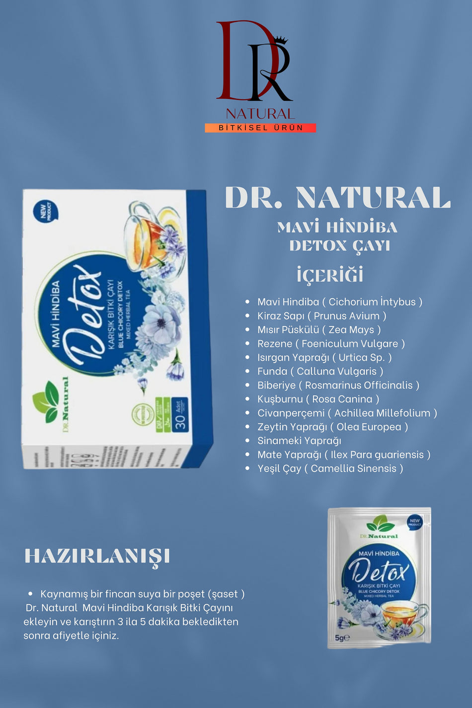 Teh Herbal Campuran Detox Chicory Biru DRNATURAL 30 Kantong Bubuk Detox Chicory Biru