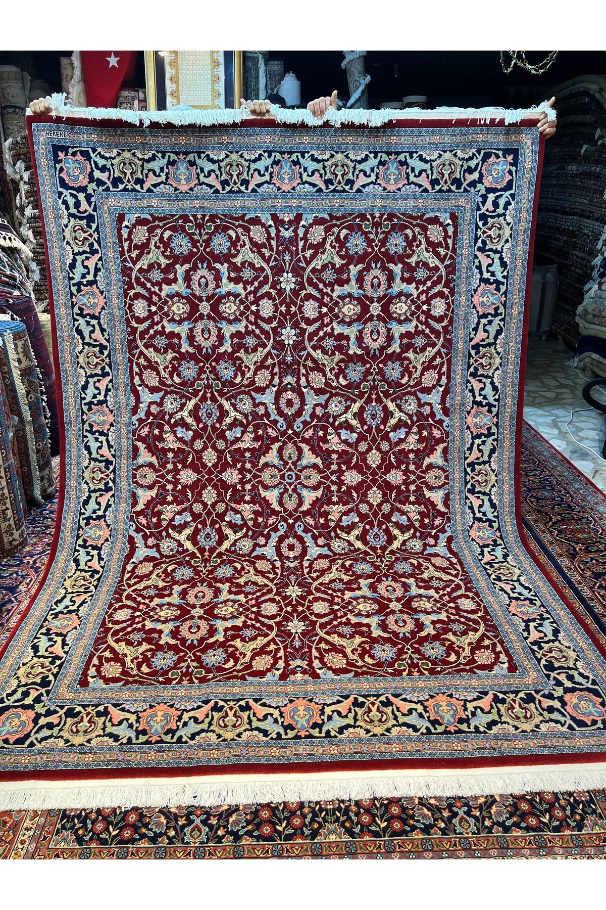 RD RAMAZAN DAG Hand Rug Art Hand-Woven Hereke Rug Signed Polonez Design Premium Quality Red Accent Size 272x194 - MALLTURK