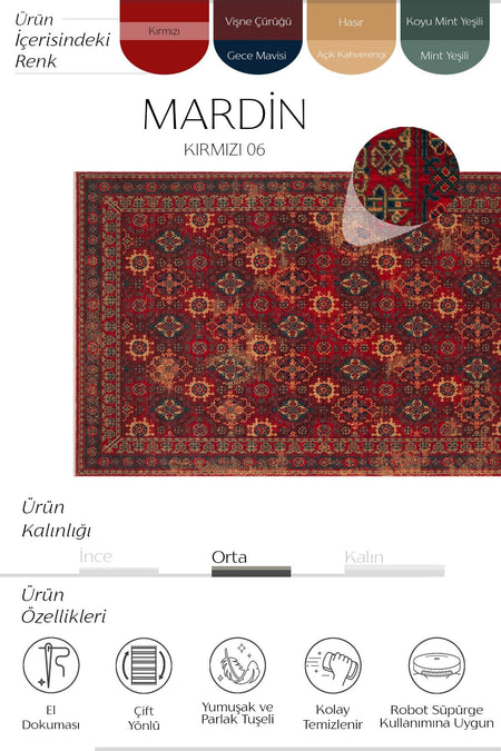 Cool Rug Mardin Red Anatolian Pattern Classic Dort Mevsim Soft Wool Hand-Woven Salon Living Room Rug